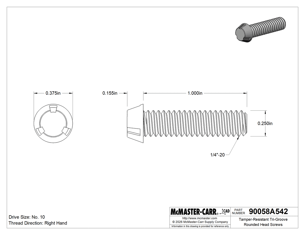 Technical Drawing of Tamper-Resistant Tri-Groove Rounded Head Screws, 1/4"-20 Thread Size, 1" Long.